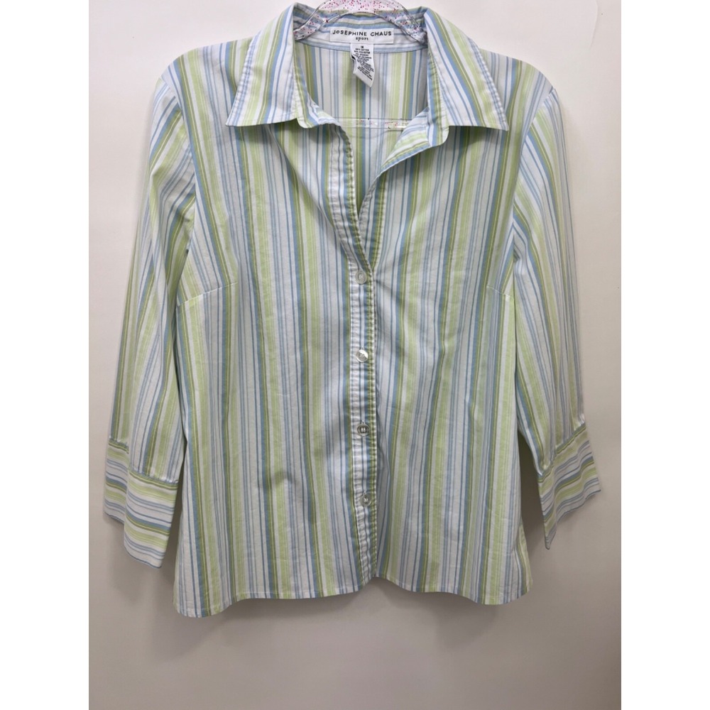 Josephine Chaus Green Blue Button Down Blouse 3/4 Sleeves Stripes Womens Size 14